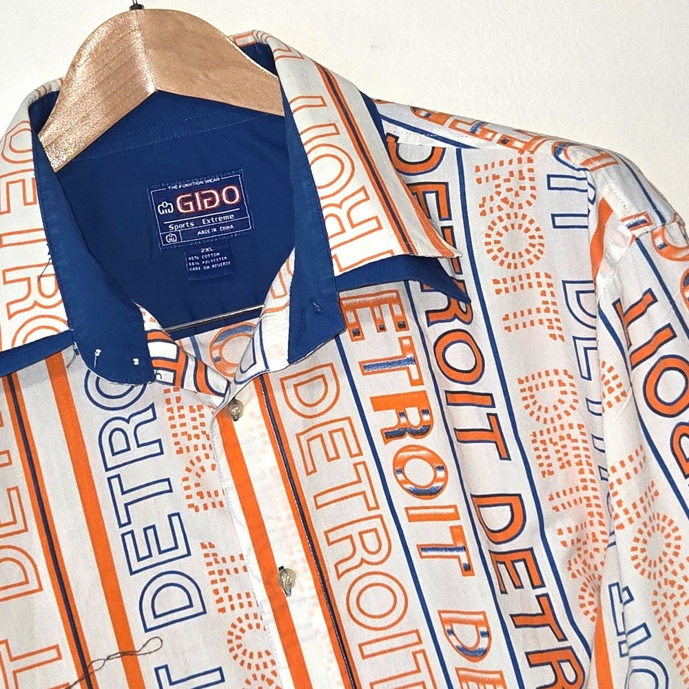 Gido Detroit Typography Button Down Shirt Mens 2XL White Orange Blue French Cuff